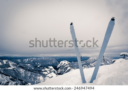 Pair of skis in snow covered ridge. Winter landscape in the background.