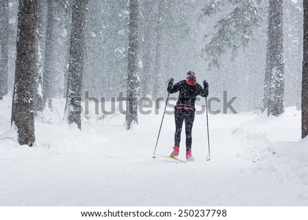 Cross country skier tackling bad weather conditions.
