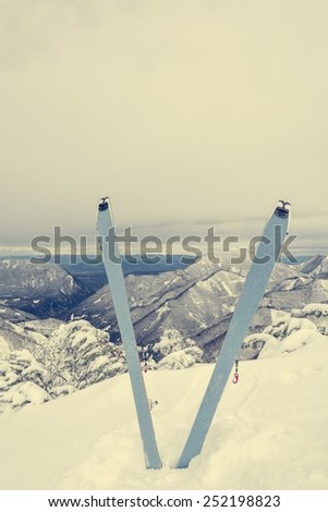 Pair of skis in snow covered ridge. Winter landscape in the background.