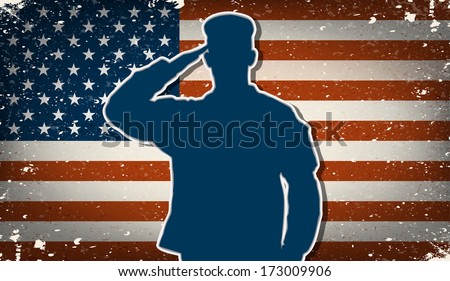 US Army soldier saluting on grunge american flag background US Army soldier saluting on grunge american flag background