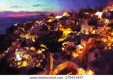 santorini greece,romance evening painting, oil painting, abstract drawing, beautiful modern art, greek sunset view, brush painting, sketchy painting, dreamy place, art style, artistic view,