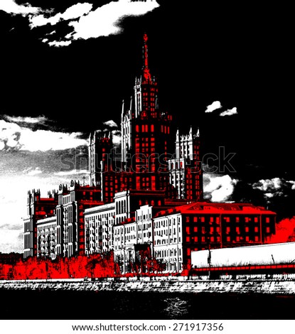 moscow russia, big famous building, architectural design, socialistic proud, solid construction, abstract art, black and red drawing, sky scrapper, city mega center, real estate theme idea, night