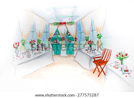 wedding day decorations, wedding tables arrangement in restaurant, furniture setting, marriage planning idea, interior decoration style, celebration organization