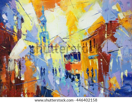an original oil painting on canvas cubism style, part of cubism landscapes collection, just an ordinary day in the city, urban, city life,
