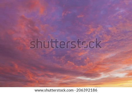 Beautiful sunset of orange, purple and blue hues. Looks like a painting/Beautiful wide angle sunset that looks like a painting