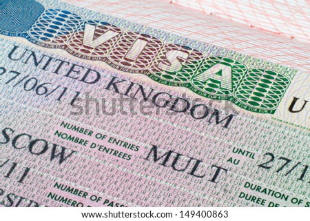 Close up United Kingdom visa in passport