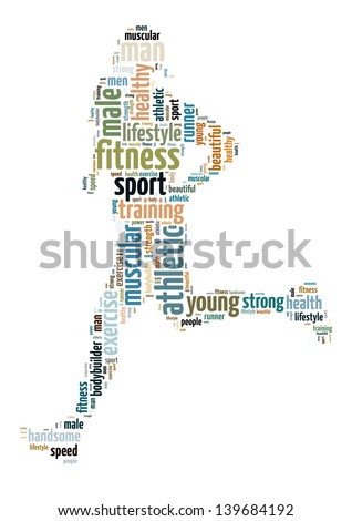 text/word cloud/word collage composed in the shape of a man running (man fitness series)