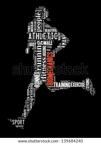 text/word cloud/word collage of biomechanics composed in the shape of a person running (fitness series)
