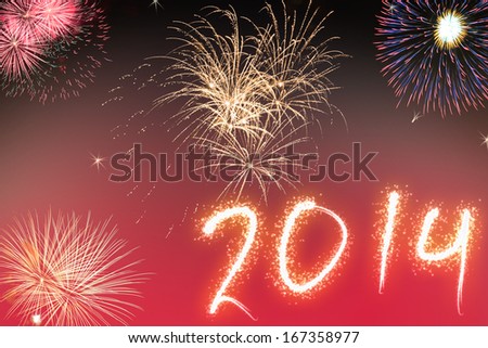 Beautiful colorful background for new years with shining letters effect and fireworks