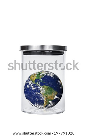 earth in a jar on white background, concept global warming. Earth image provided by Nasa.