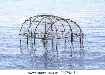 Basket fish trap catch crabs,lobsters fishes on  the ocean