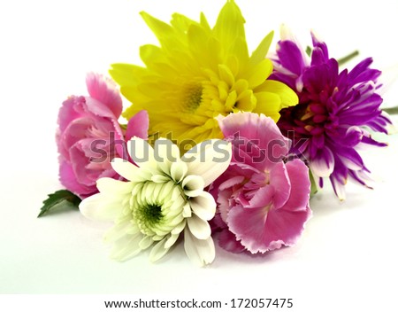 Bouquet of Beautiful Yellow, White, Red and Pink Carnation Flowers on white floor in sweet valentines