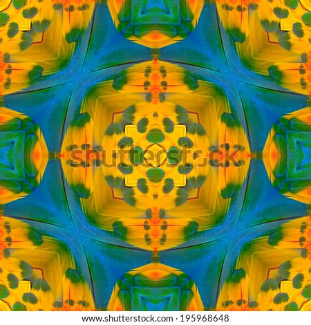 Seamless Blue and Yellow background pattern made from blue and gold macaw bird feathers