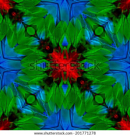 Beautiful of seamless blue green and red background made from Green wing macaw bird\'s feathers