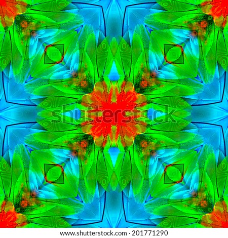 Cross blue green and red background made from Green wing macaw bird's feathers