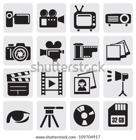 vector black movie technology icons set on gray vector black movie technology icons set on gray
