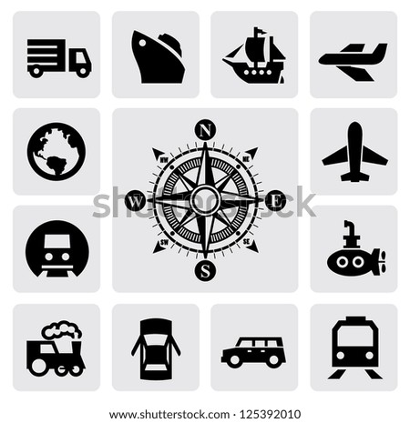 vector black compass and transport icons set on gray vector black compass and transport icons set on gray
