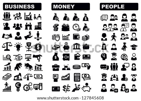 vector black business, money and people icons set