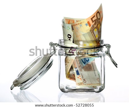 stock photo : Glass money jar of Euro banknotes. Save to a lightbox ▼