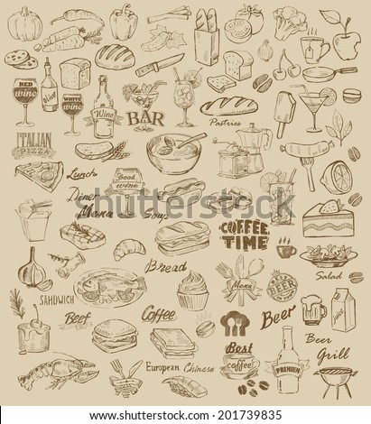 hand drawn food and meal on beige