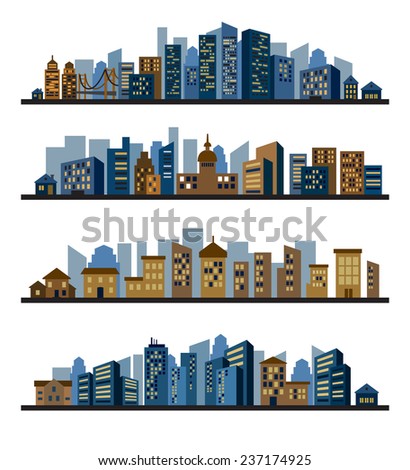 vector color cities silhouette icons set on white vector color cities silhouette icons set on white