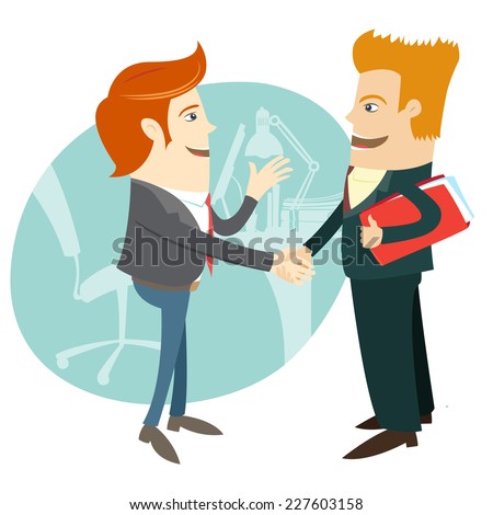 Vector illustration Business handshake and business people in front their office. Flat style