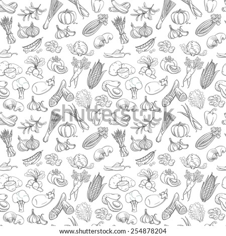Vector illustration Outline hand drawn seamless  vegetable pattern (flat style, thin  line). Black and white