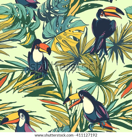 Vector illustration Tropical floral summer seamless pattern background with palm beach leaves and toucan birds.