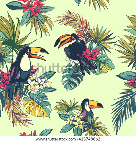 Vector illustration Tropical floral summer seamless pattern with palm beach leaves, tropical flowers and toucan birds.Floral design,tropical birds, tropical background, summer time, summer party