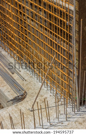 Reinforcement metal framework for new construction foundation  at the construction site.