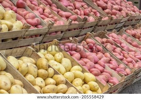 Farmers market potatoes in a wooden crates. At the farmers market local growers come and sell their freshly picked crops at reasonable prices. Selective focus.
