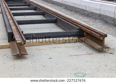 Cross section of the new profile tram rail. Selective focus.