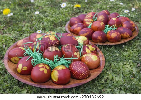 Natural dyed easter eggs colored with onion skins on meadow. Dyeing Printed Easter Eggs. Selective focus and shallow dof.