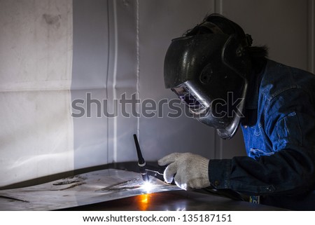 welding close-up bright light and two hands working