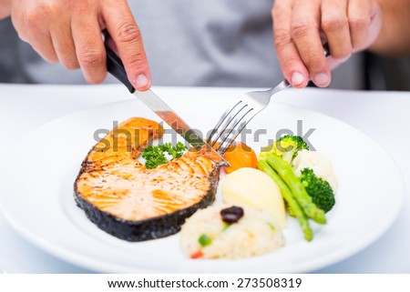 People are using eating utensils Fish Steak.