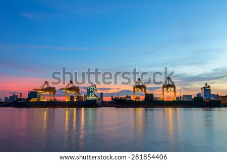 Shipping port with sunset light in the evening.