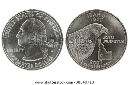 Idaho State Quarter coin.  Both sides, front and back, heads and tails, obverse and reverse.