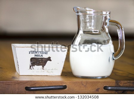 Glass Jug of Milk with Wooden Box