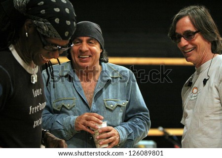 NEW YORK - NOV 12: (L-R) Nile Rodgers, Stevie Van Zandt and Jackson Browne chat while attending a rehearsal for the We Are Family Gala at SRI Studios on Nov 12, 2011 in New York City.