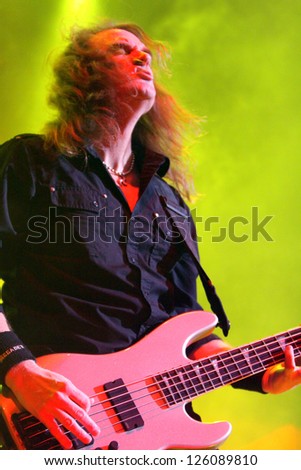 GARDEN CITY, NY - OCT 1: David Elfson of Megadeth perfoms at Nassau Coliseum on Oct 1, 2010 in Garden City, NY.