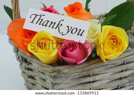 Thank you card with colorful roses in wicker basket