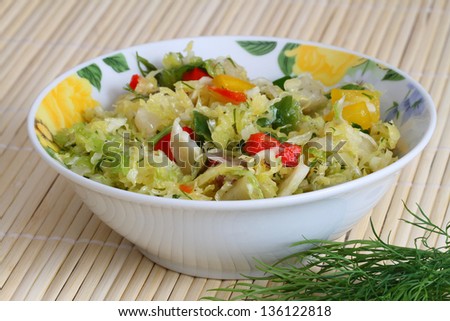 Chinese leaf, red and yellow peppers salad with dressing