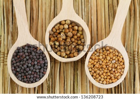 Mustard seeds and coriander seeds on wooden spoons