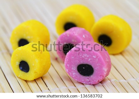 Pink and yellow candy, close up