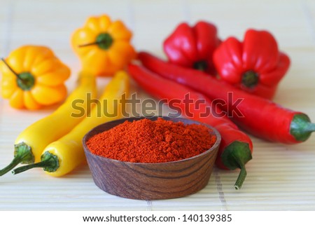 Chili powder, red and yellow chili peppers