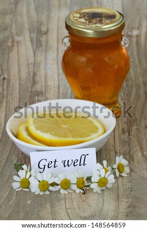 Get well card, chamomile, lemon and honey