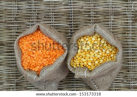 Selection of pulses in jute bags with copy space