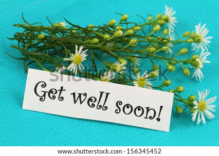 Get well soon card with fresh chamomile flowers on blue background
