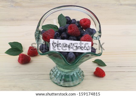 Get well card with blueberries and raspberries in vintage glass basket