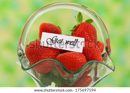 Get well card with fresh strawberries in vintage glass basket